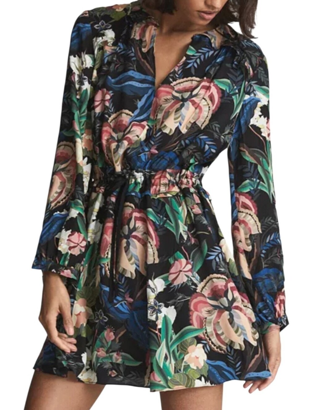 Reiss Alyssa Rio Black Floral V-Neck Flippy Dress Size 4